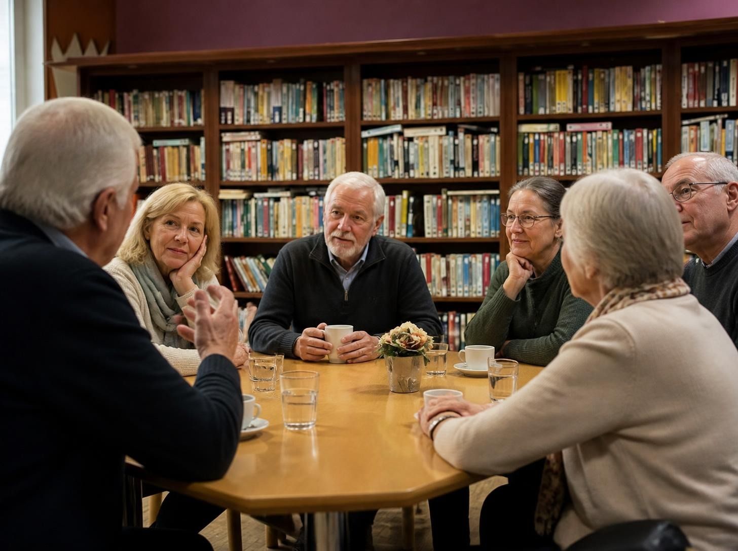 Een groep mensen zit samen rond een tafel in de bibliotheek en praat met elkaar