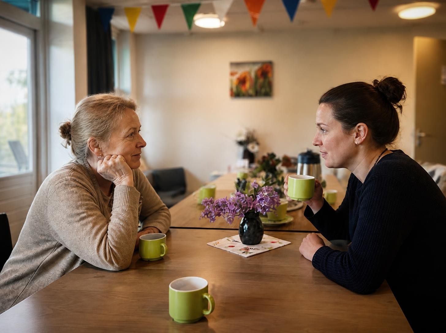 Twee vrouwen in een rustig gesprek aan tafel, met een kop koffie