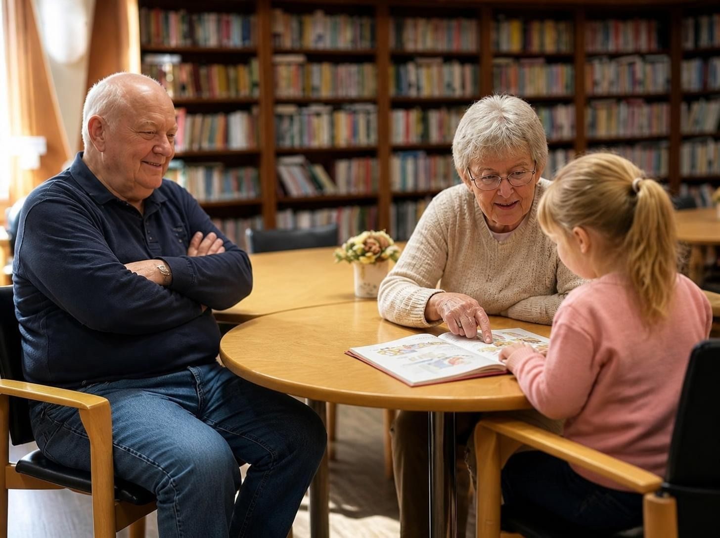 Een kleindochter leest samen met haar oma een boek, opa kijkt glimlachend toe