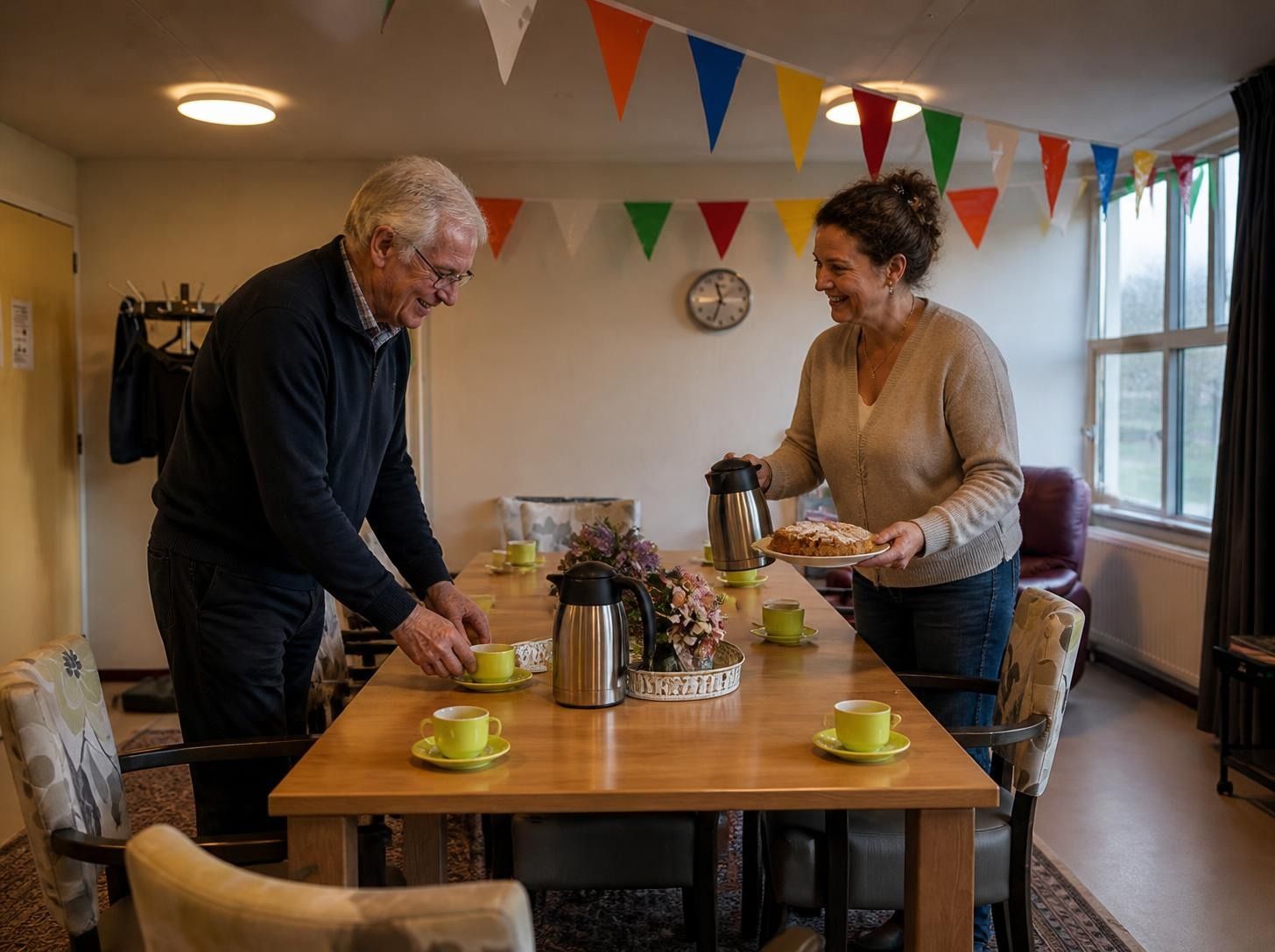 Twee vrijwilligers zetten samen de koffie klaar