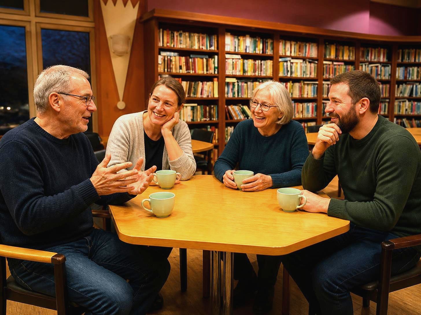 Vier naasten zitten samen rond een tafel en praten ontspannen met elkaar, met een kop koffie