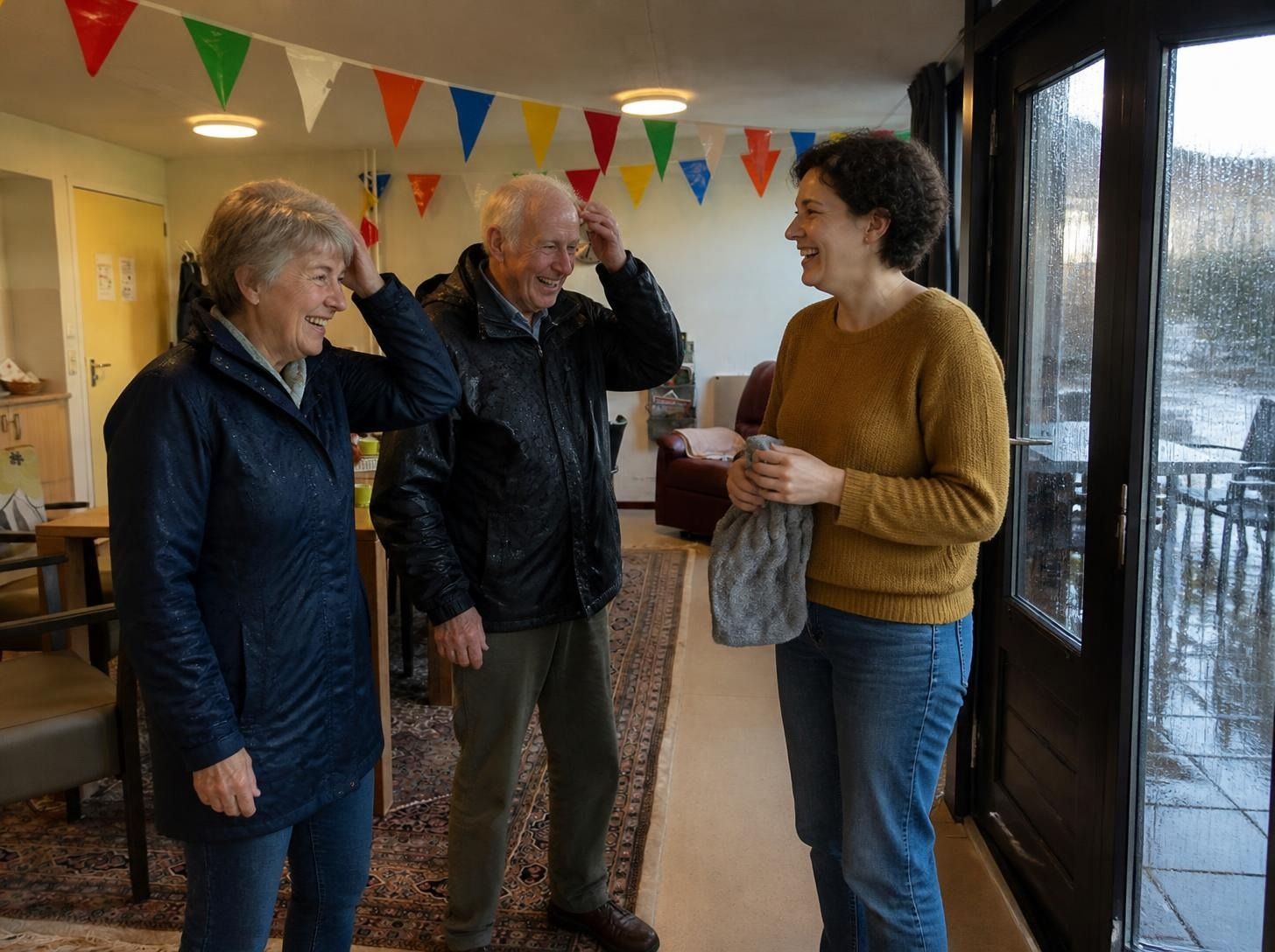 Twee mensen komen binnen bij het Odensehuis en worden welkom geheten