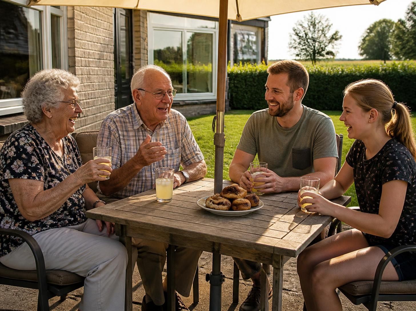 Vier mensen van verschillende leeftijden zitten lachend samen op het terras